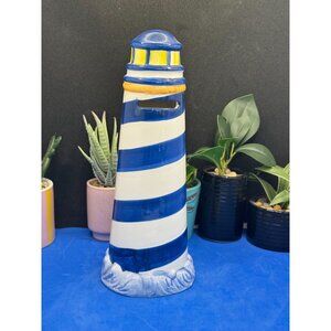 Hand-Painted Ceramic Blue & White Lighthouse Coin Bank